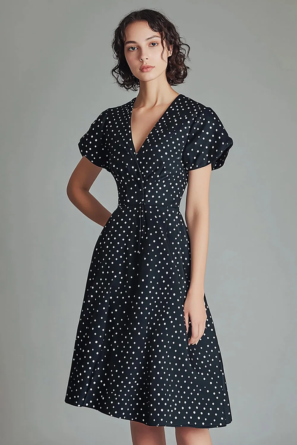 A Line V Neck Black White Polka Dots Dress with Short Sleeves sold by Zapaka