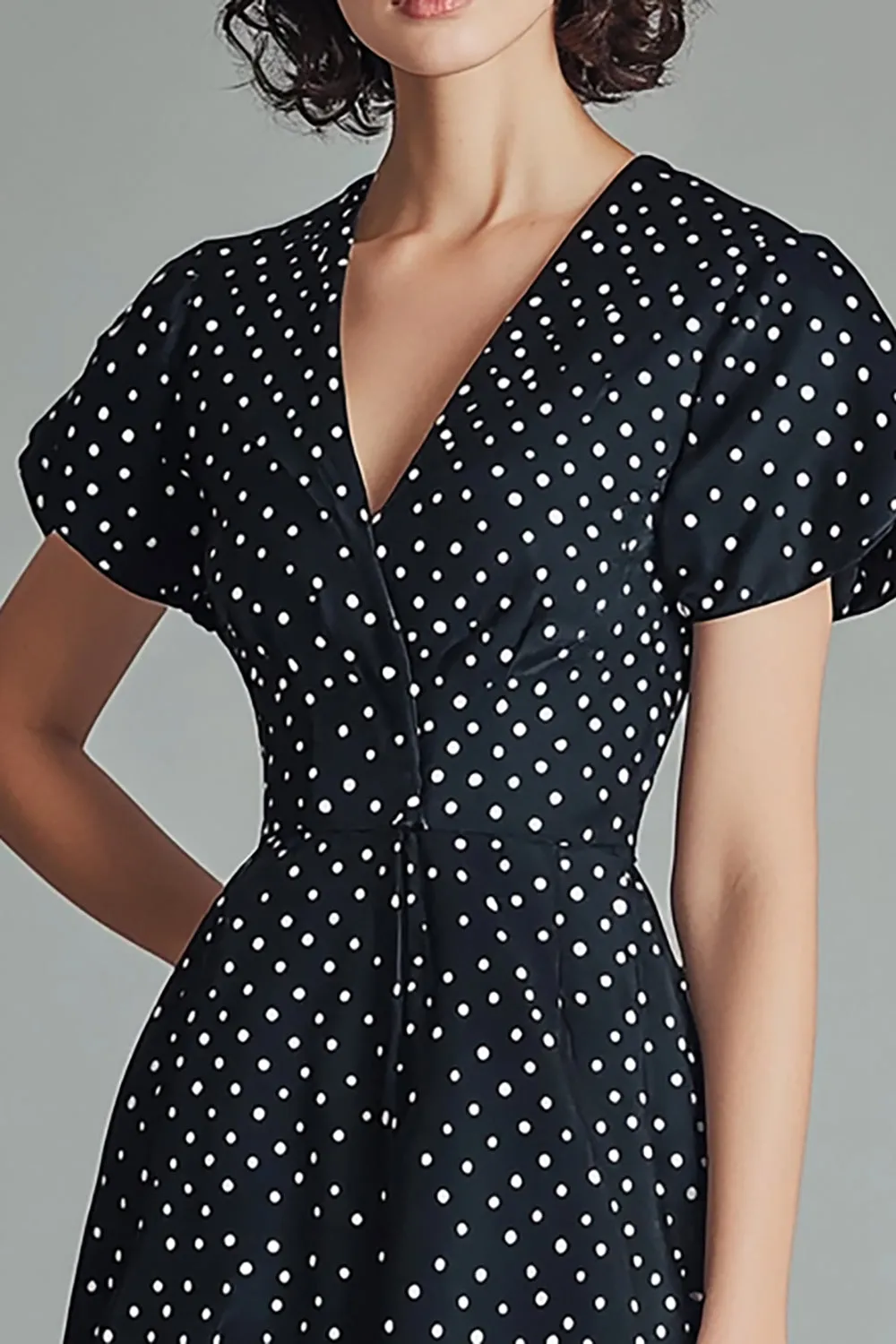 A Line V Neck Black White Polka Dots Dress with Short Sleeves sold by Zapaka product image thumbnail 2