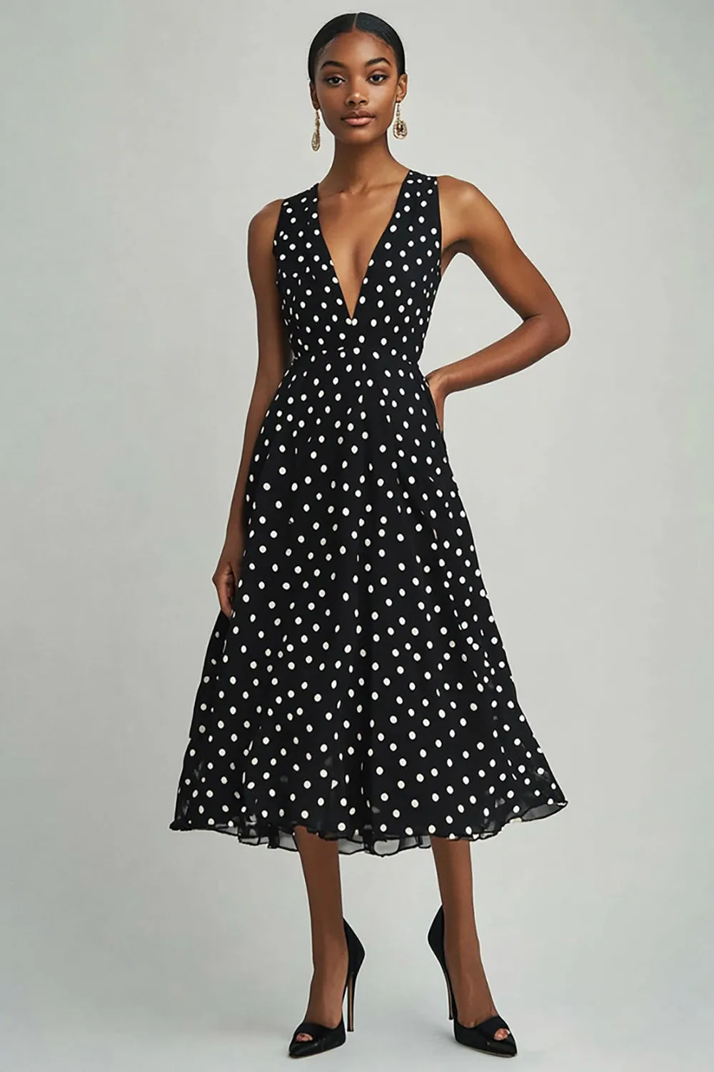 A Line Chiffon V Neck Black White Polka Dots Dress sold by Zapaka