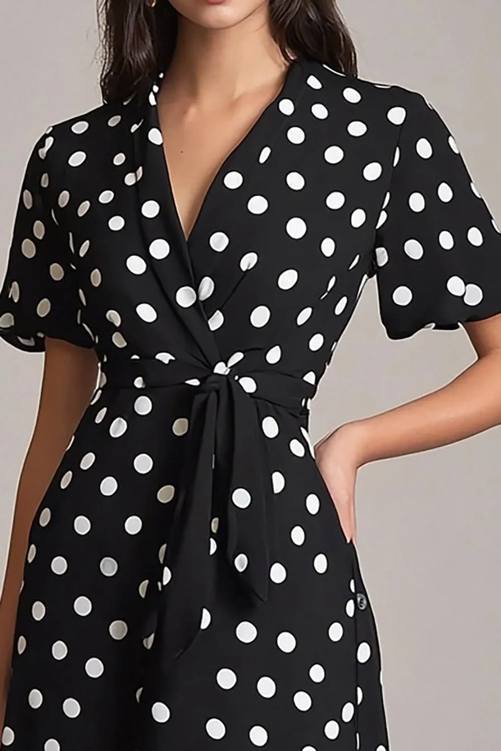 Black White A-Line V-Neck Polka Dots Dress with Sash sold by Zapaka product image thumbnail 2