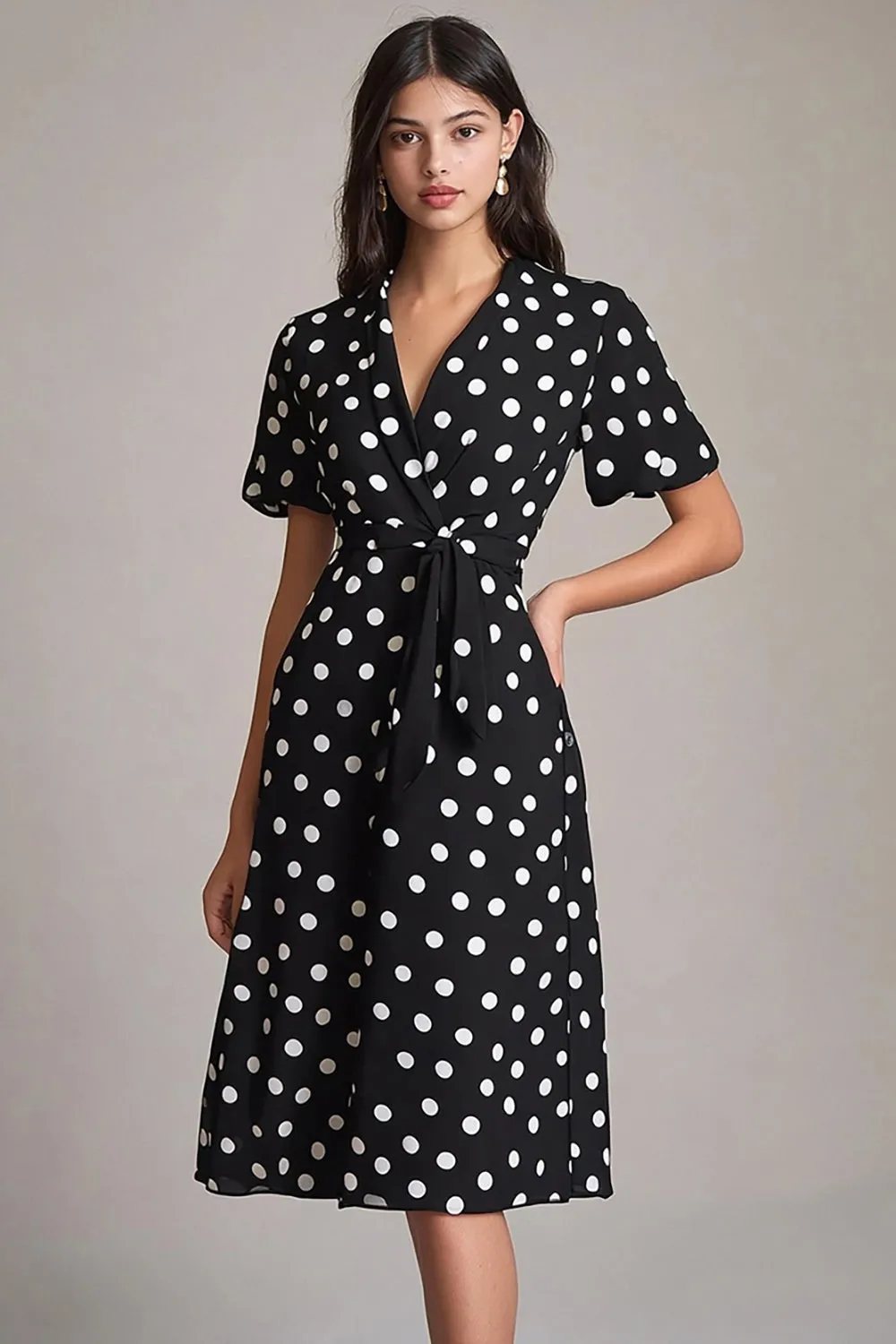 Black White A-Line V-Neck Polka Dots Dress with Sash sold by Zapaka