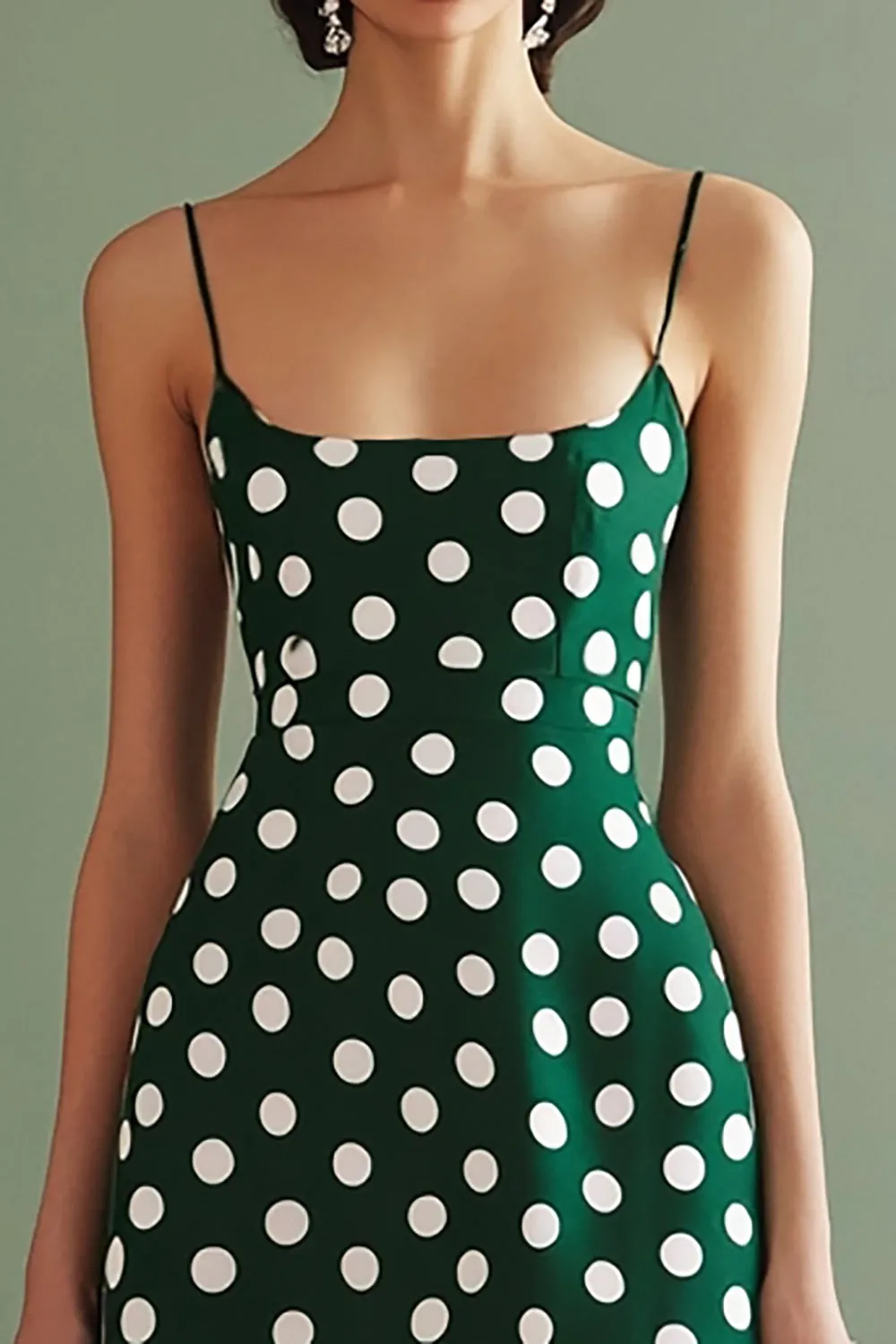 Green White Spaghetti Straps A Line Midi Polka Dots Dress sold by Zapaka product image thumbnail 2