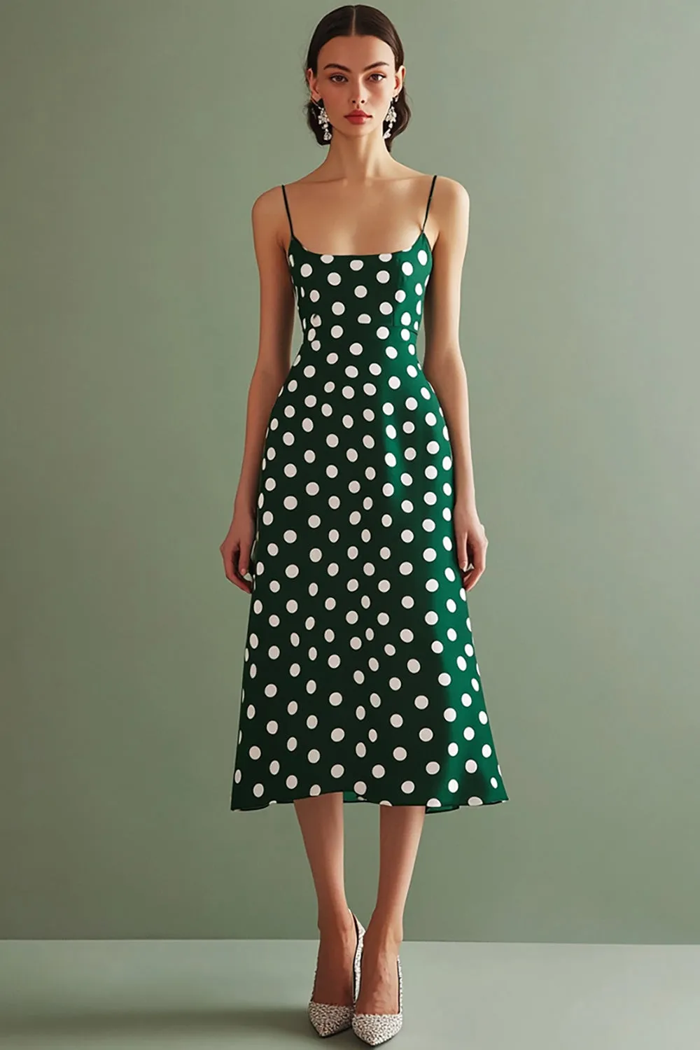 Green White Spaghetti Straps A Line Midi Polka Dots Dress sold by Zapaka