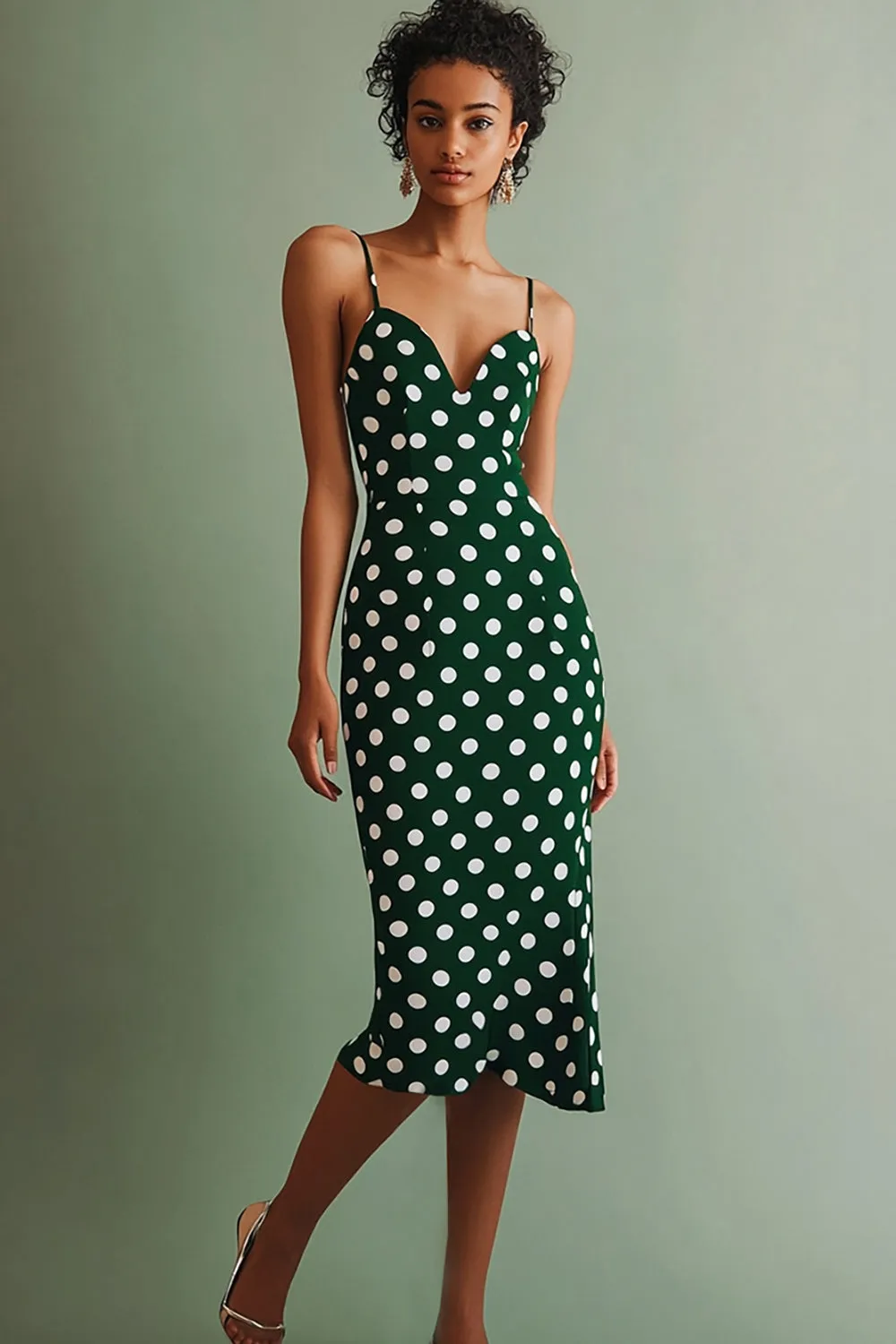 Green White Spaghetti Straps Sheath Midi Polka Dots Dress sold by Zapaka