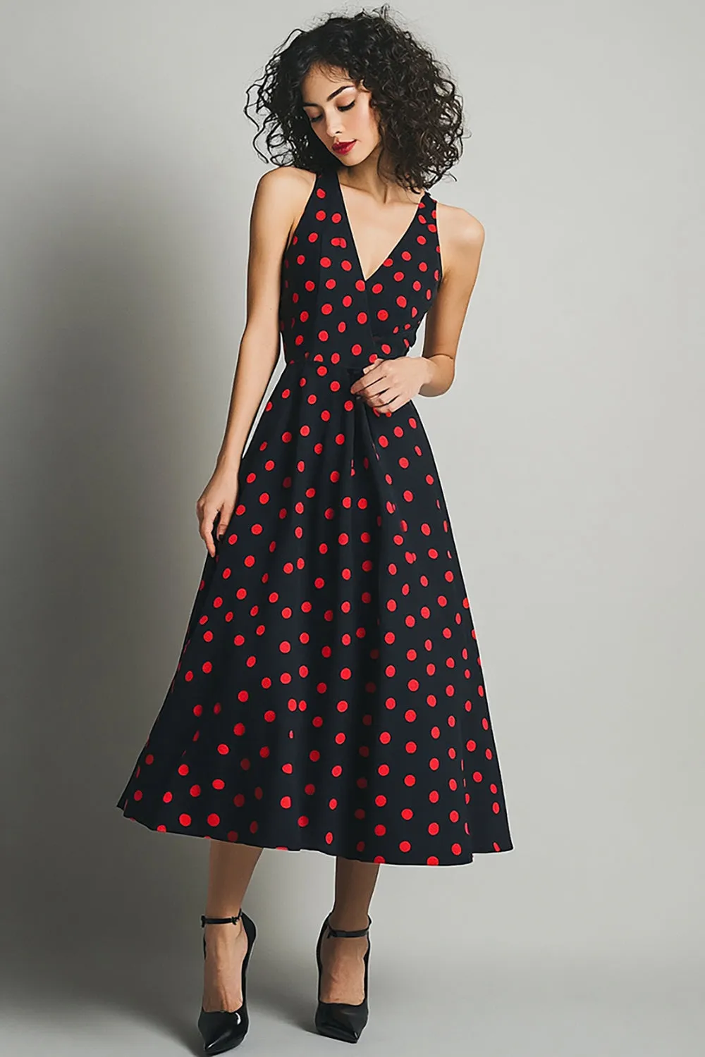 Black Red A Line V Neck Polka Dots Dress sold by Zapaka