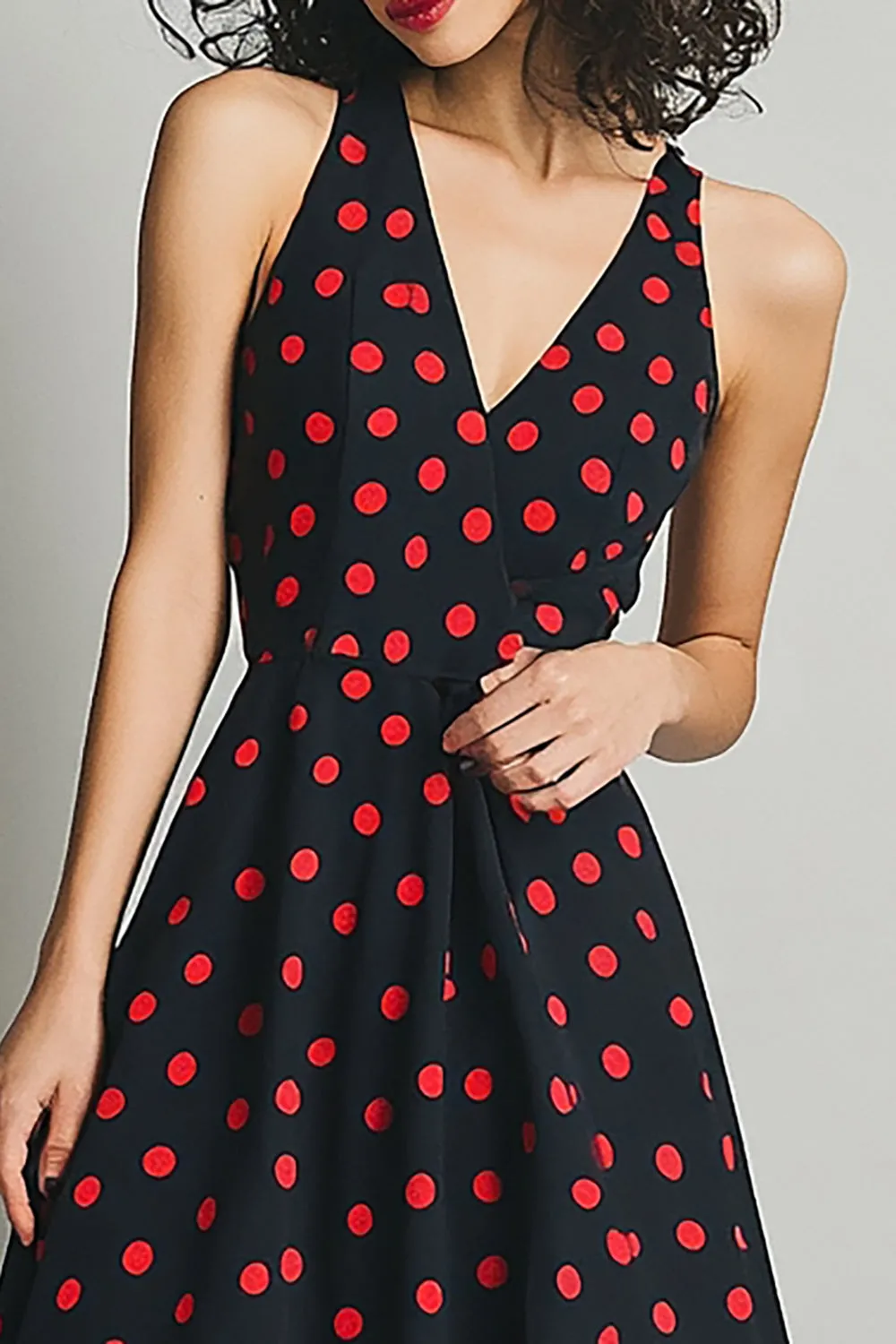 Black Red A Line V Neck Polka Dots Dress sold by Zapaka product image thumbnail 2