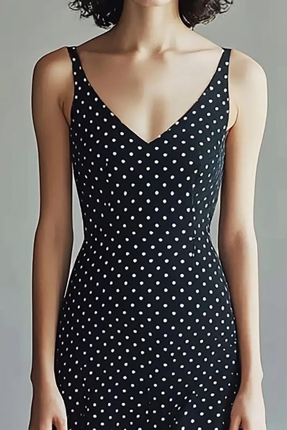 A-Line Spaghetti Straps Black White V-Neck Polka Dots Dress sold by Zapaka product image thumbnail 2