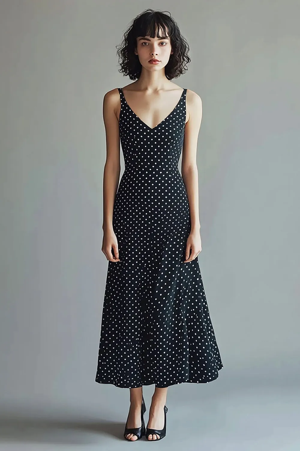 A-Line Spaghetti Straps Black White V-Neck Polka Dots Dress sold by Zapaka