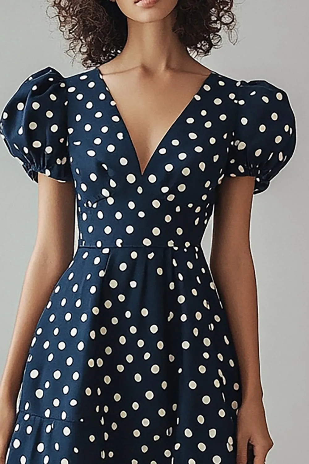 A Line V Neck Navy White Polka Dots Dress with Puff Sleeves sold by Zapaka product image thumbnail 2