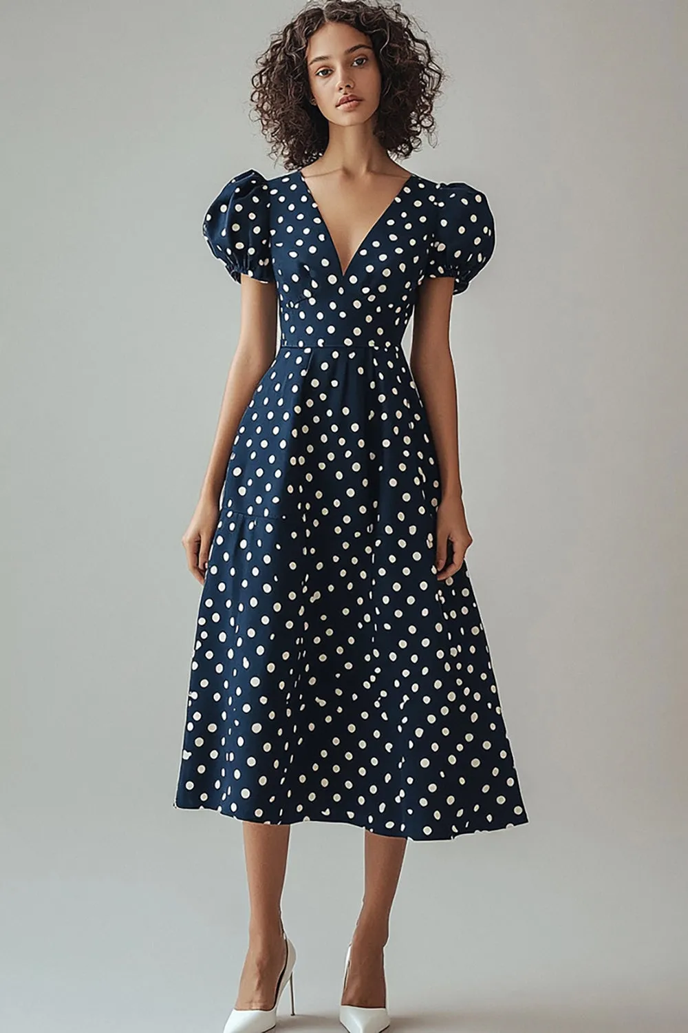 A Line V Neck Navy White Polka Dots Dress with Puff Sleeves sold by Zapaka