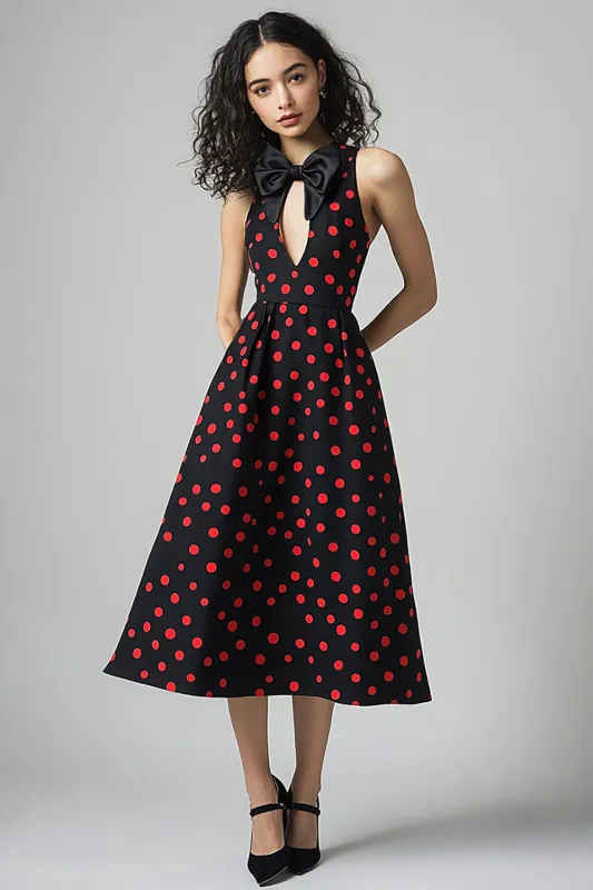 A Line Cut Out Black Red Polka Dots Dress with Bow sold by Zapaka