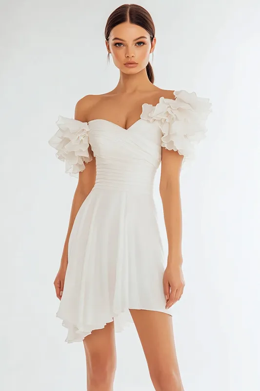 Off The Shoulder Ruffled Asymmetrical Ivory Graduation Dress sold by Zapaka