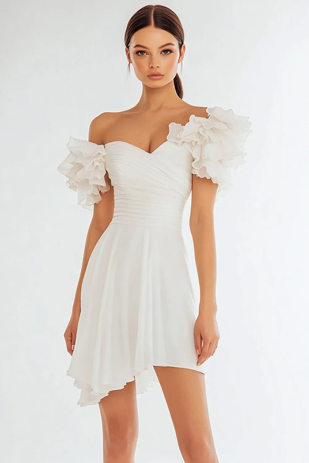 Off The Shoulder Ruffled Asymmetrical Ivory Graduation Dress sold by Zapaka