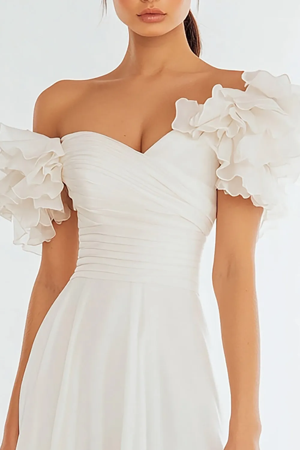 Off The Shoulder Ruffled Asymmetrical Ivory Graduation Dress sold by Zapaka product image thumbnail 2