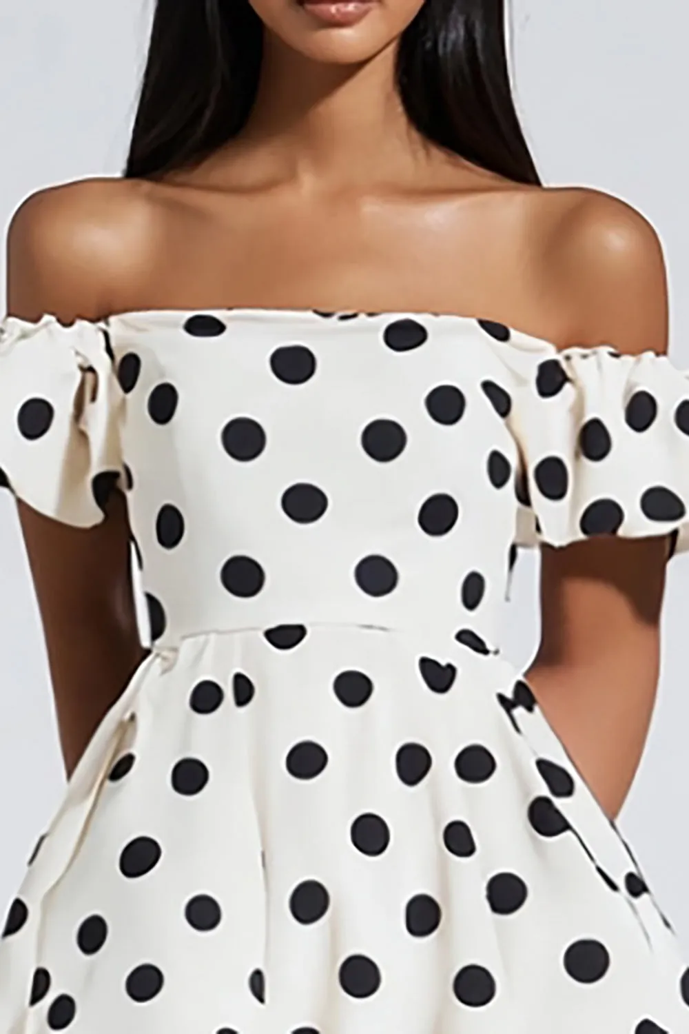 Off The Shoulder Black Dots White Mini Dress sold by Zapaka product image thumbnail 2