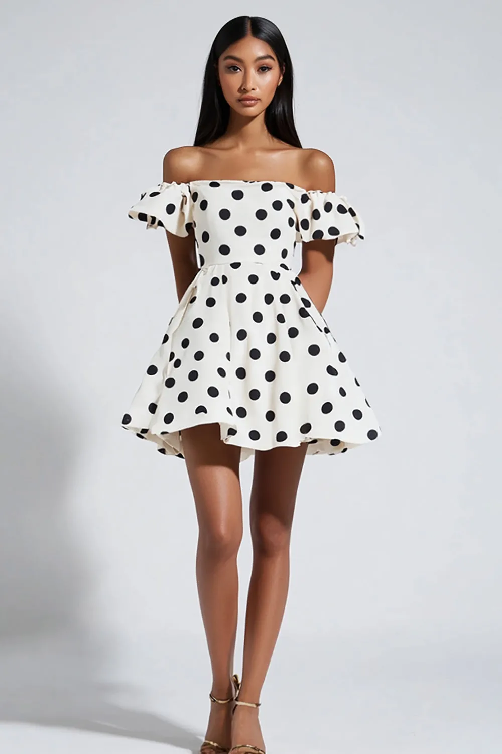 Off The Shoulder Black Dots White Mini Dress sold by Zapaka