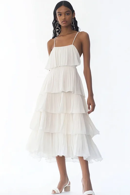 White A Line Tiered Midi Graduation Dress sold by Zapaka