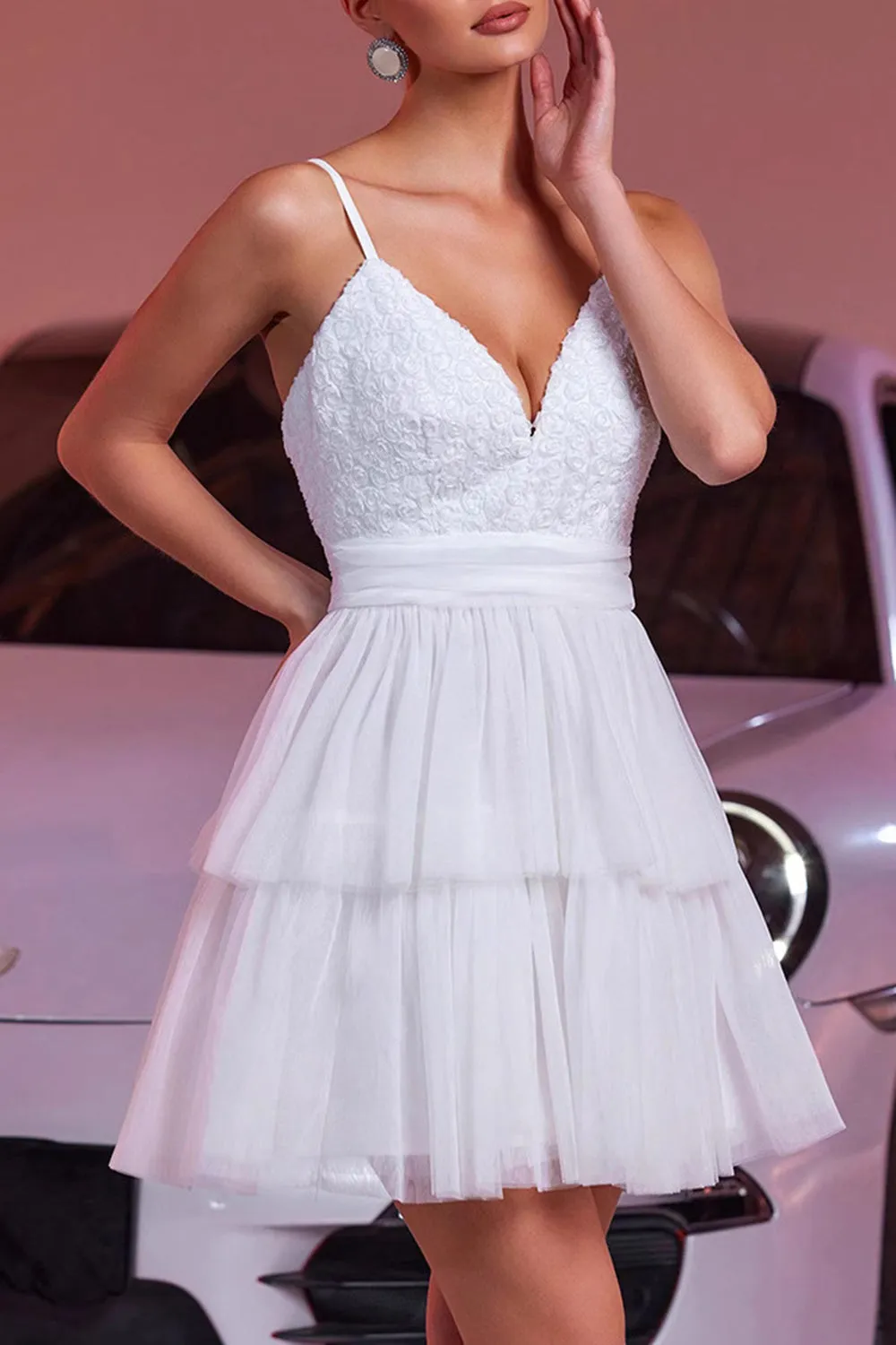 White Spaghetti Straps Tiered A Line Graduation Dress With Appliques sold by Zapaka product image thumbnail 3