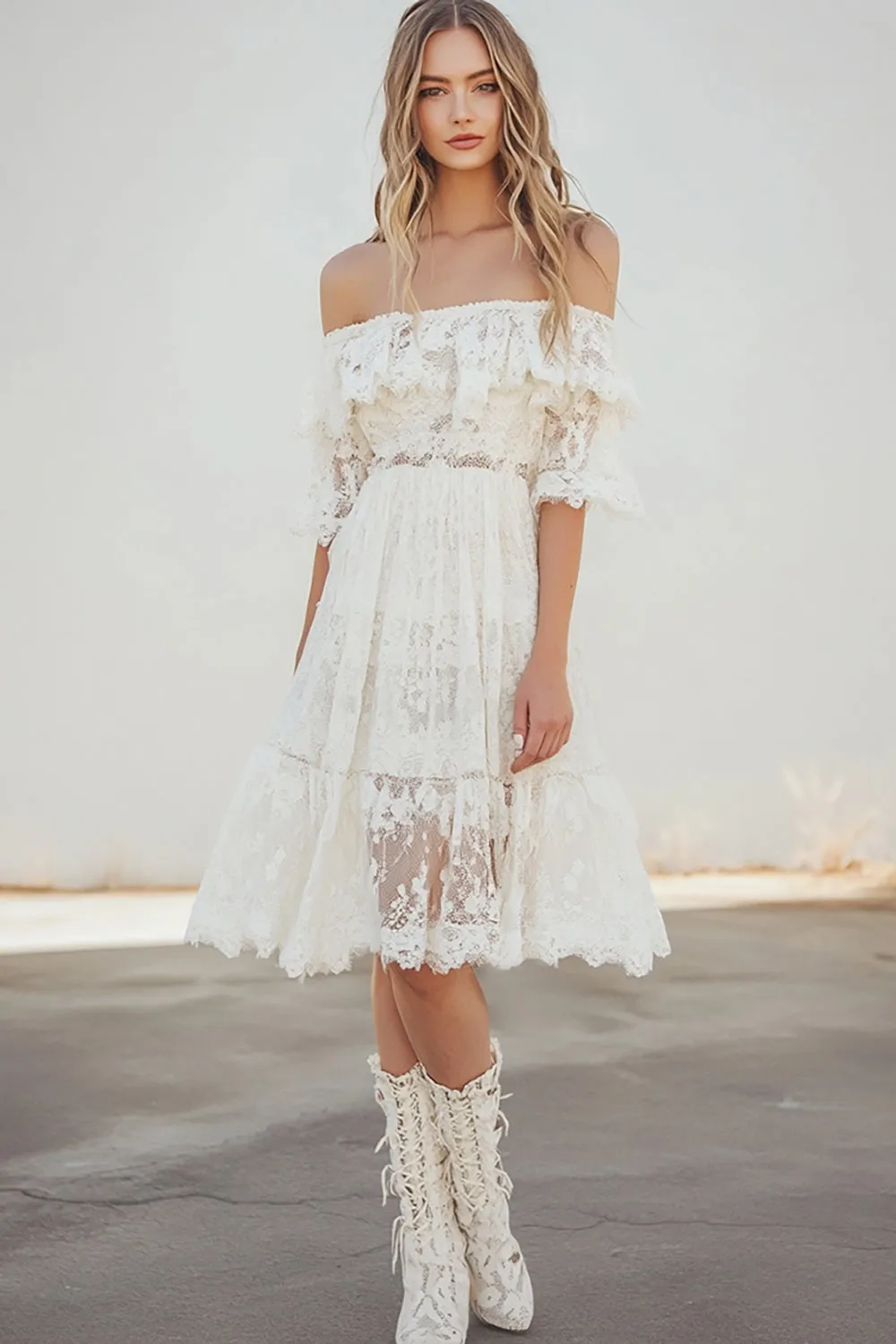 Off the Shoulder White Lace A Line Graduation Dress sold by Zapaka