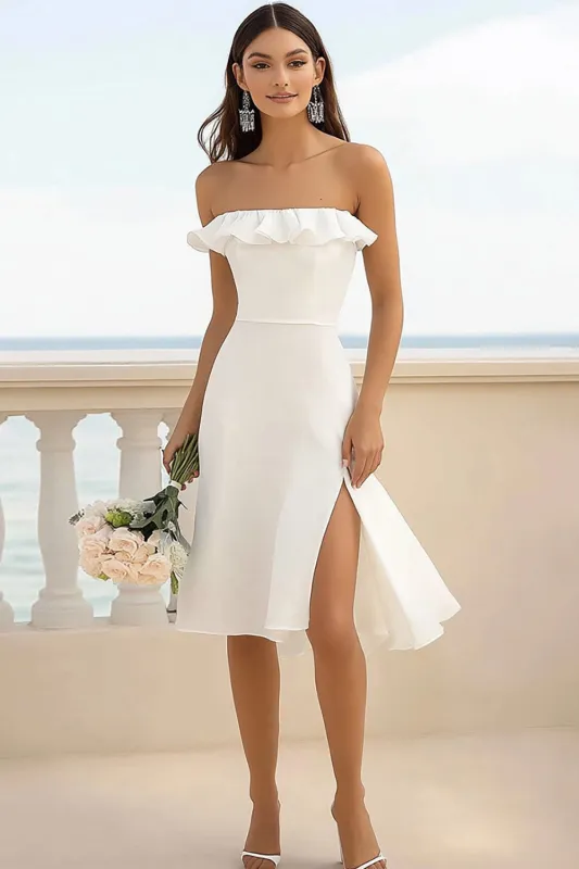 White Sheath Ruffled Strapless Graduation Dress with Slit sold by Zapaka