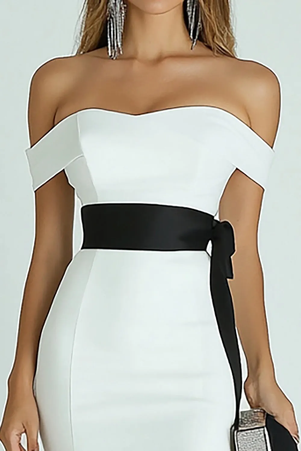 White and Black Satin Bodycon Asymmetrcial Graduation Dress sold by Zapaka product image thumbnail 2