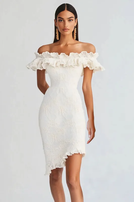 Off The Shoulder White Ruffled Bodycon Graduation Dress sold by Zapaka