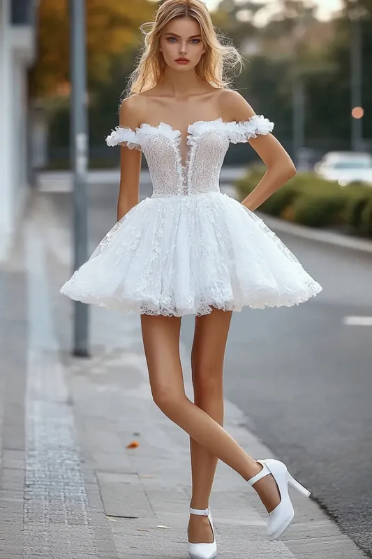 Off The Shoulder A Line Lace Little White Dress sold by Zapaka