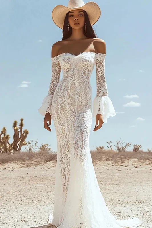 Lace White Off the Shoulder Mermaid Wedding Dress sold by Zapaka