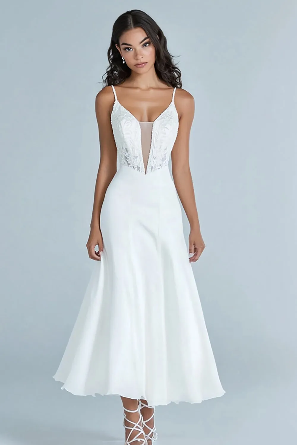 White A Line Spaghetti Straps Lace Long Wedding Dress sold by Zapaka