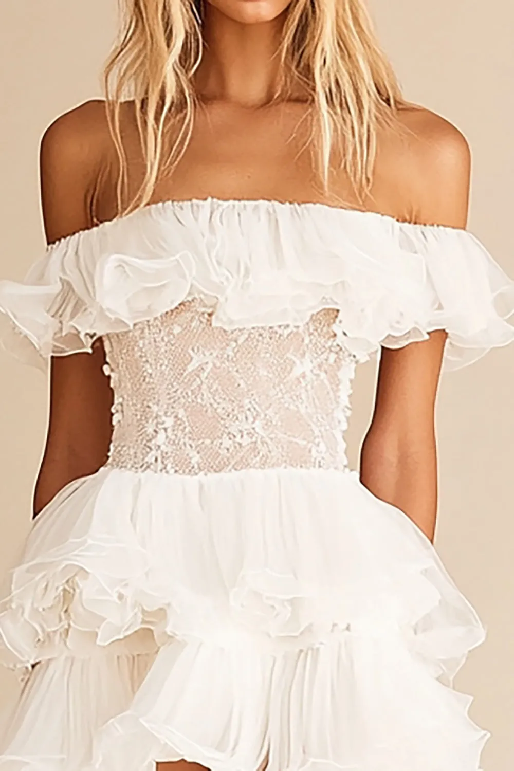 Off the Shoulder White Ruffled Lace Short Graduation Dress sold by Zapaka product image thumbnail 2
