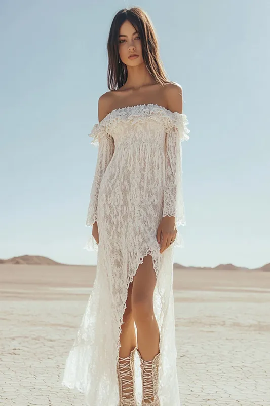 Off the Shoulder White Lace Sheath Boho Wedding Dress with Slit sold by Zapaka