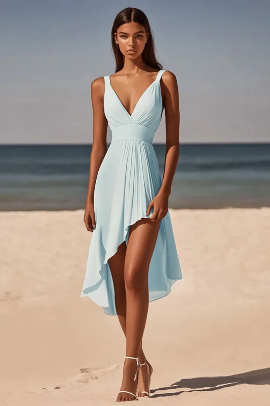 Sky Blue A Line V-Neck Ruched Midi Graduation Dress sold by Zapaka