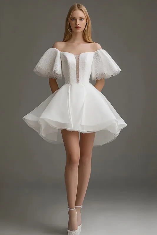 White Organza Off the Shoulder Graduation Dress with Lace sold by Zapaka