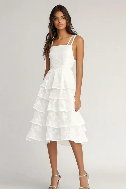 A Line Ivory Tiered Chiffon Graduation Dress with Lace sold by Zapaka