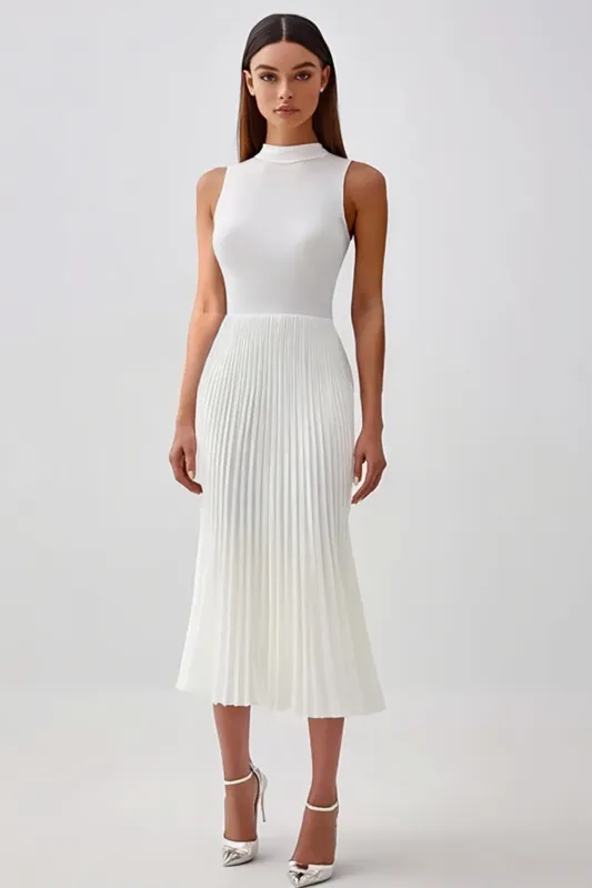 Halter Pleated White Midi Graduation Dress sold by Zapaka