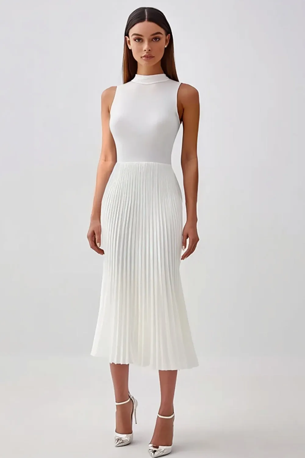 Halter Pleated White Midi Graduation Dress sold by Zapaka