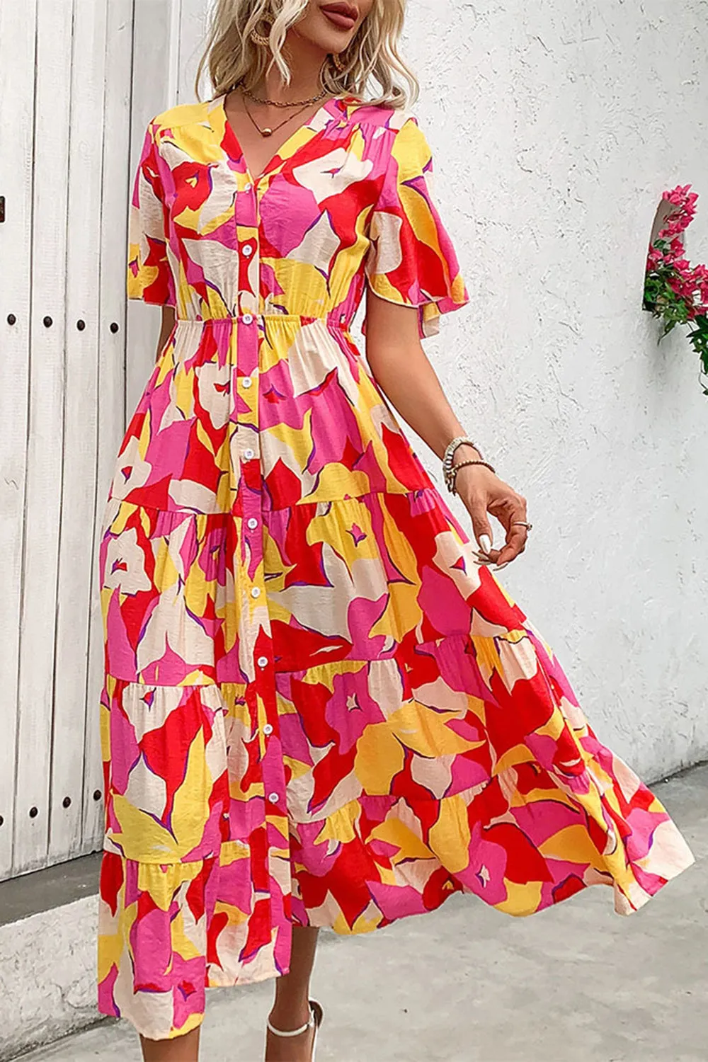 Floral Printed Fuchsia A Line Summer Dress with Belt sold by Zapaka product image thumbnail 5