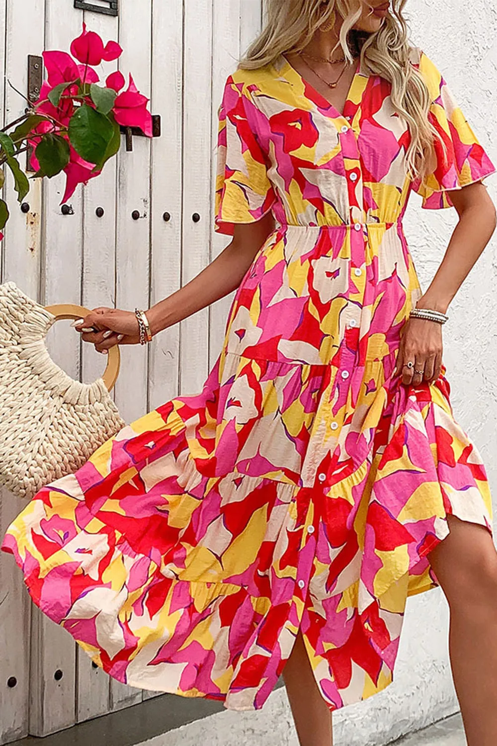 Floral Printed Fuchsia A Line Summer Dress with Belt sold by Zapaka product image thumbnail 3