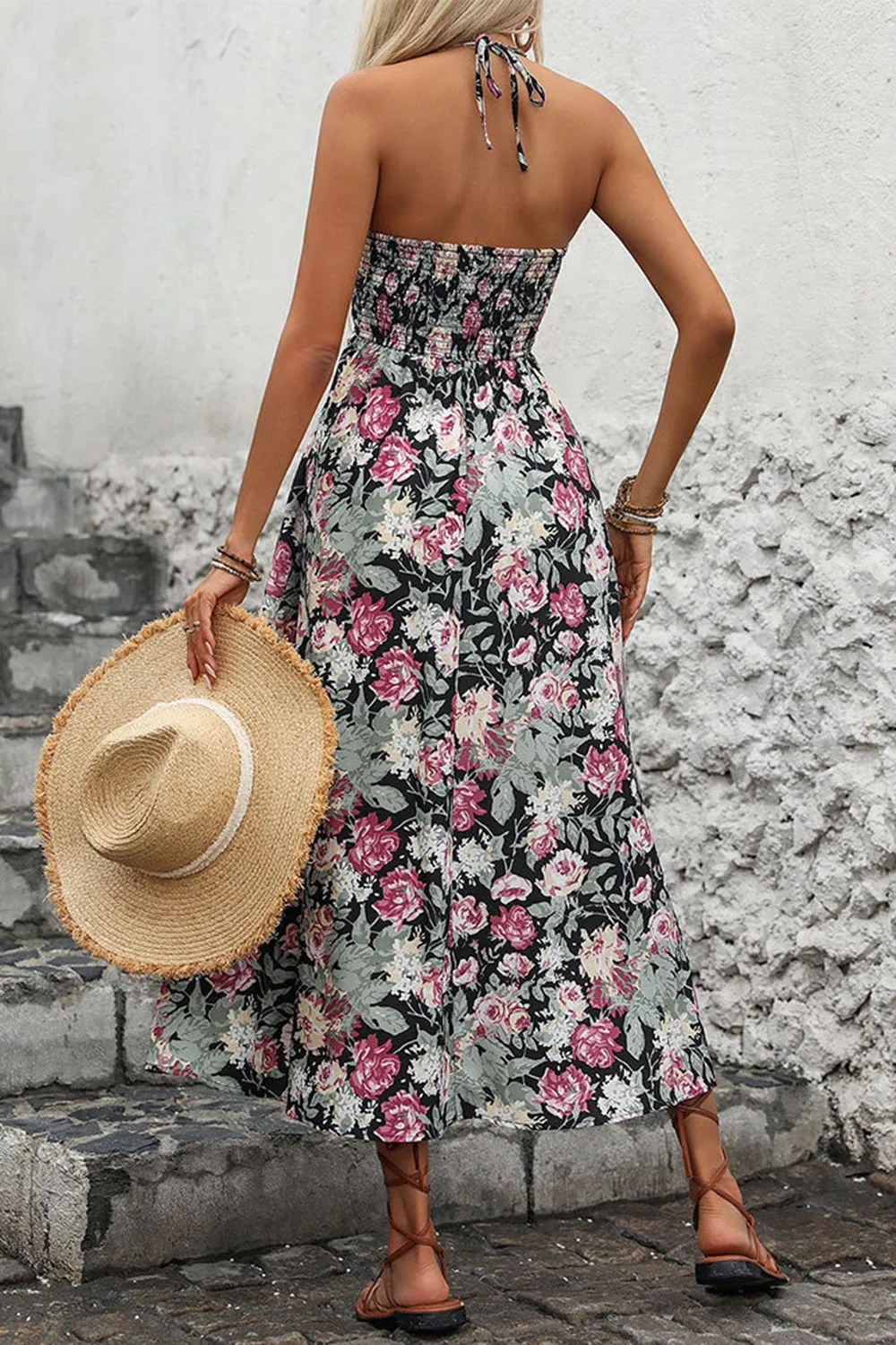 Black Printed Floral Halter A Line Summer Dress sold by Zapaka product image thumbnail 2