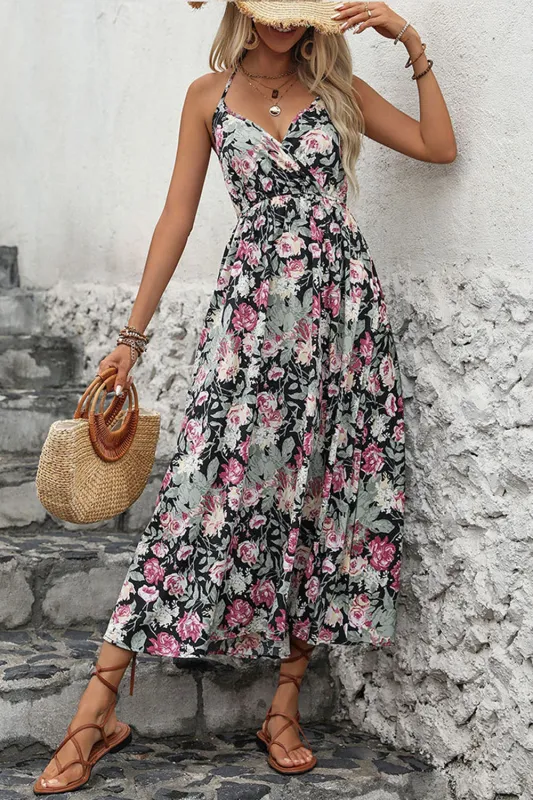 Black Printed Floral Halter A Line Summer Dress sold by Zapaka
