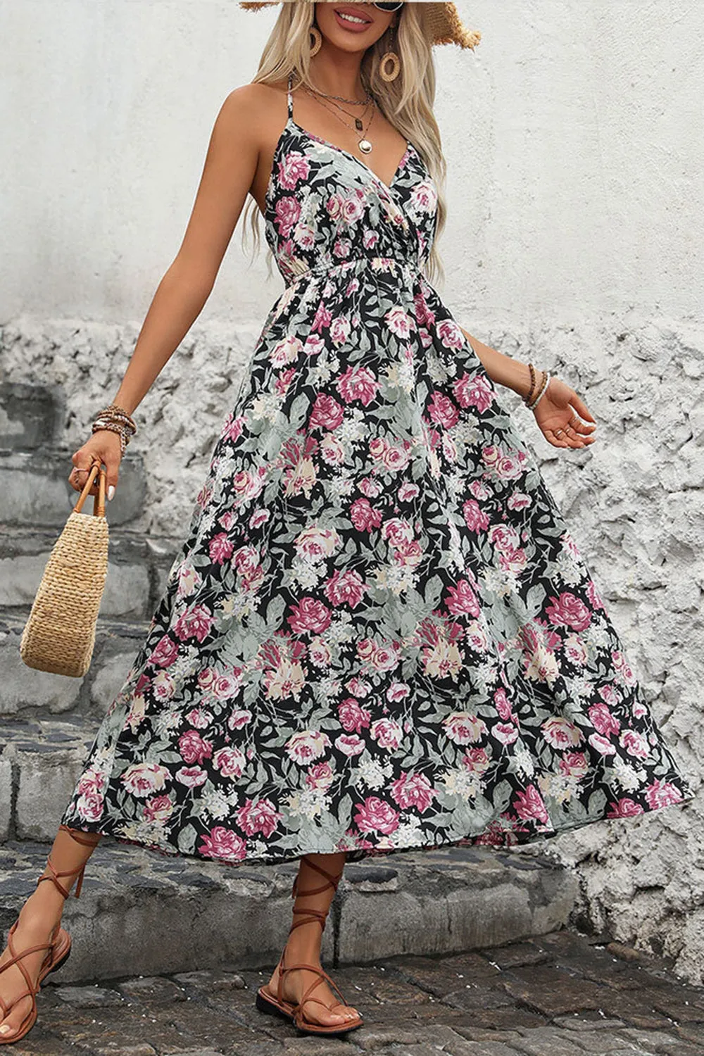Black Printed Floral Halter A Line Summer Dress sold by Zapaka product image thumbnail 5