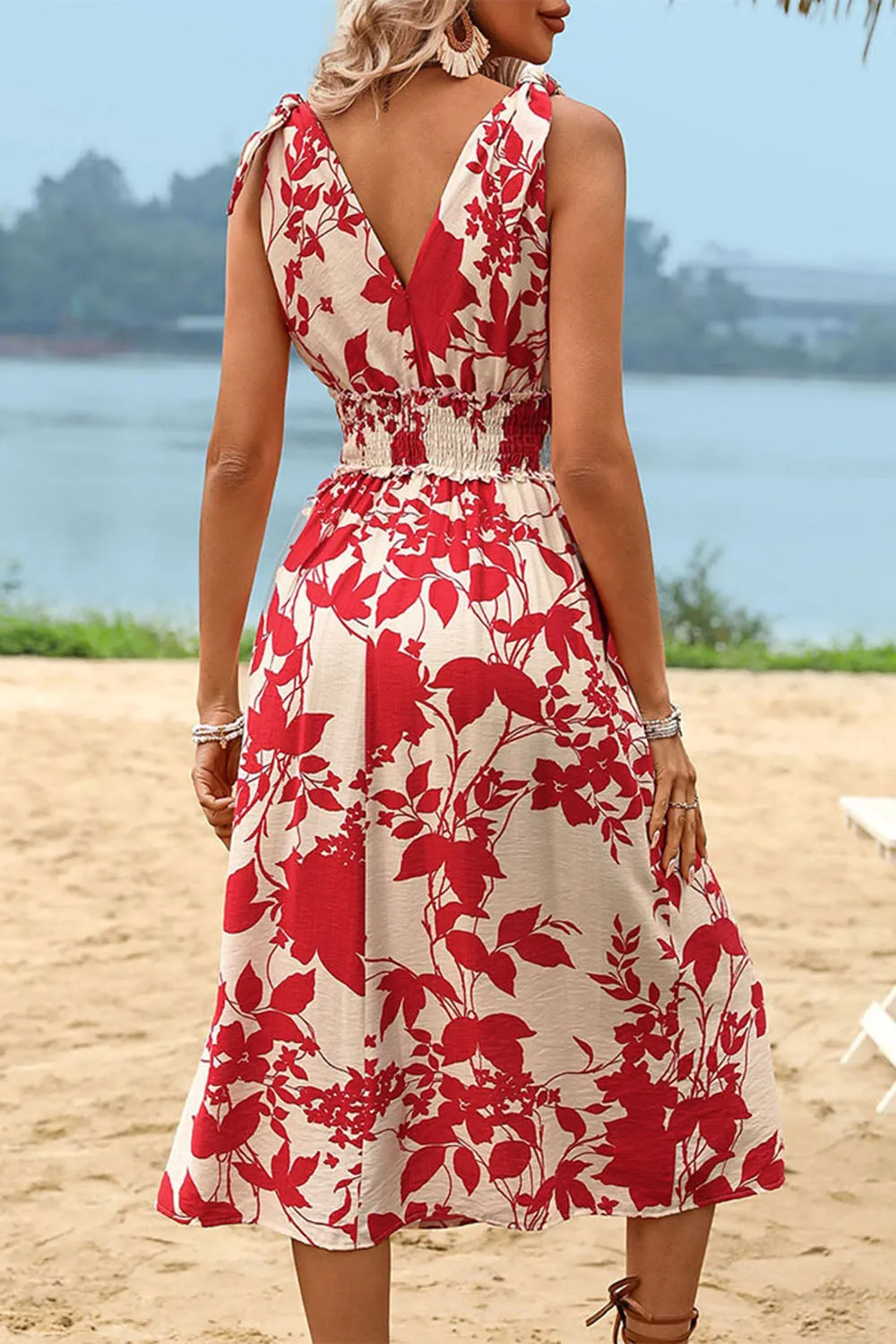 Red Floral Printed Sleeveless A Line Summer Dress sold by Zapaka product image thumbnail 2