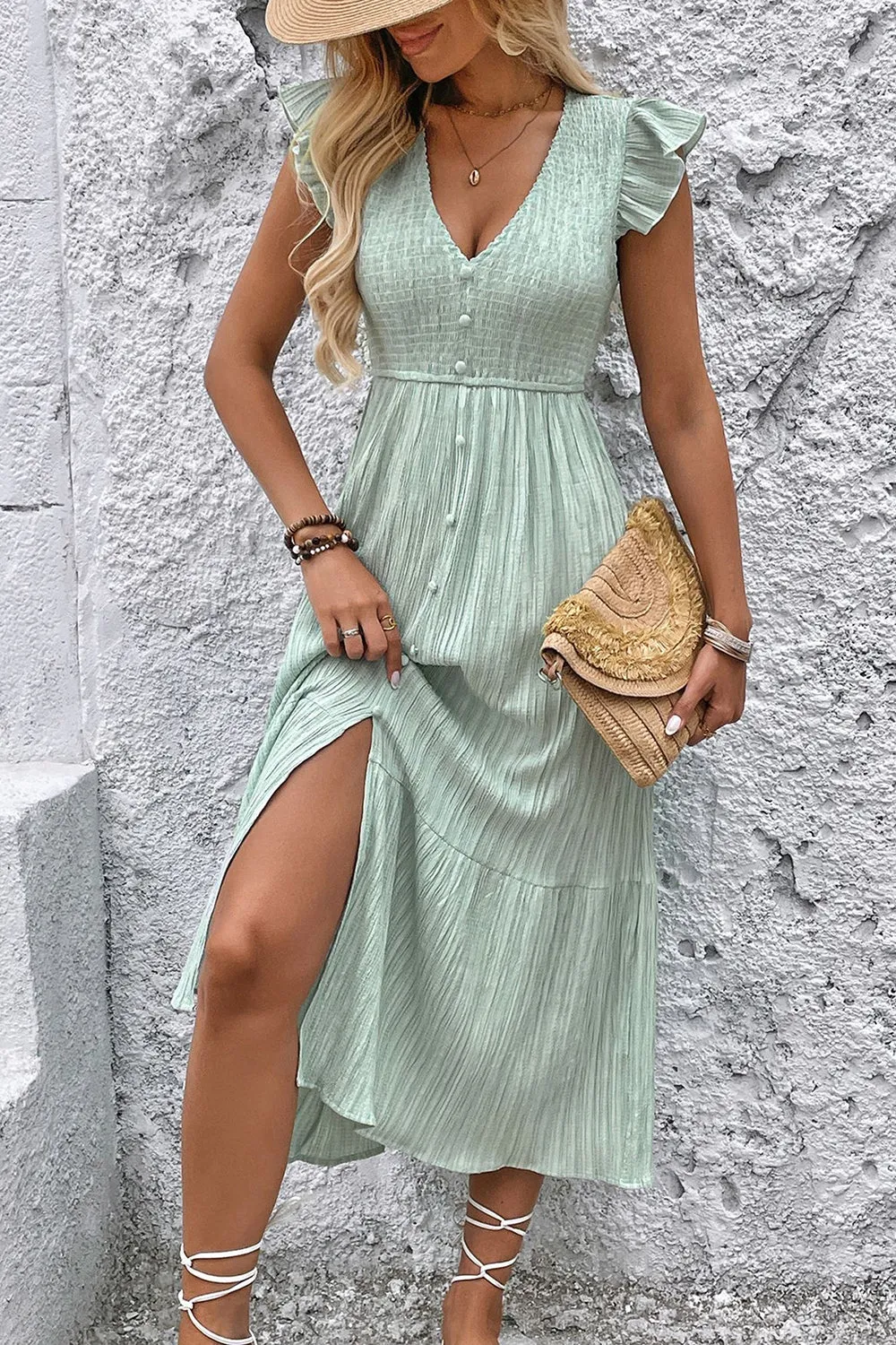V Neck Light Green A Line Summer Dress sold by Zapaka product image thumbnail 4