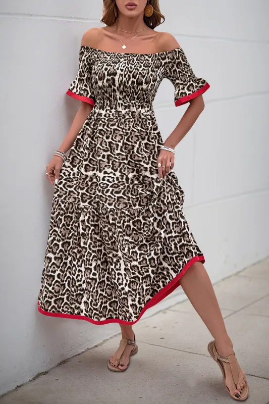 Brown Leopard Off the Shoulder A Line Summer Dress made by Zapaka