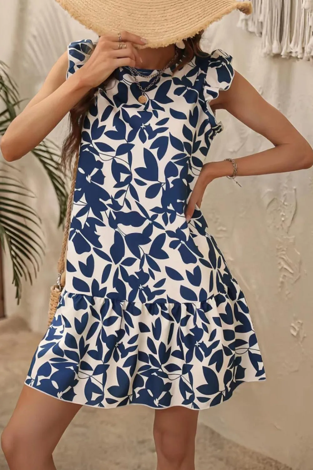 White and Blue Floral A Line Short Summer Dress sold by Zapaka