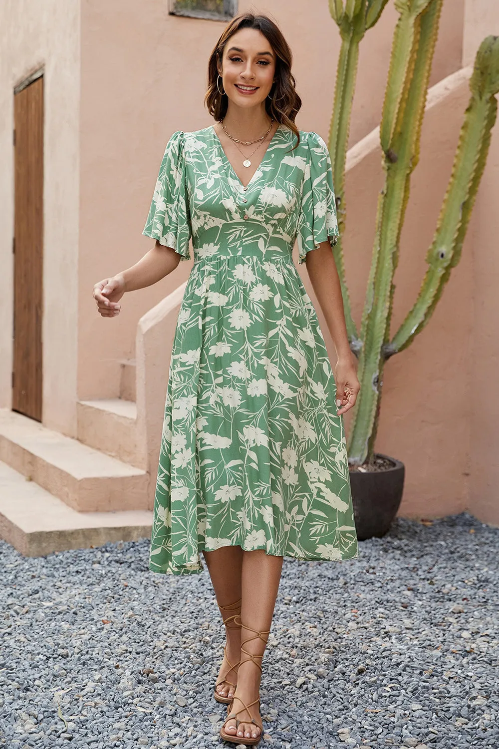 Green Printed V Neck Summer Dress sold by Zapaka product image thumbnail 3