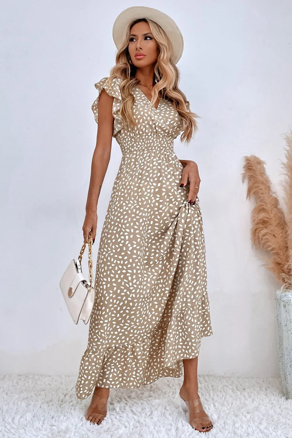 Kahki Polka Dot Ruffle Sleeve Summer Dress sold by Zapaka product image thumbnail 3