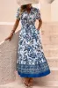 White and Blue Floral A Line Summer Dress with Short Sleeves sold by Zapaka