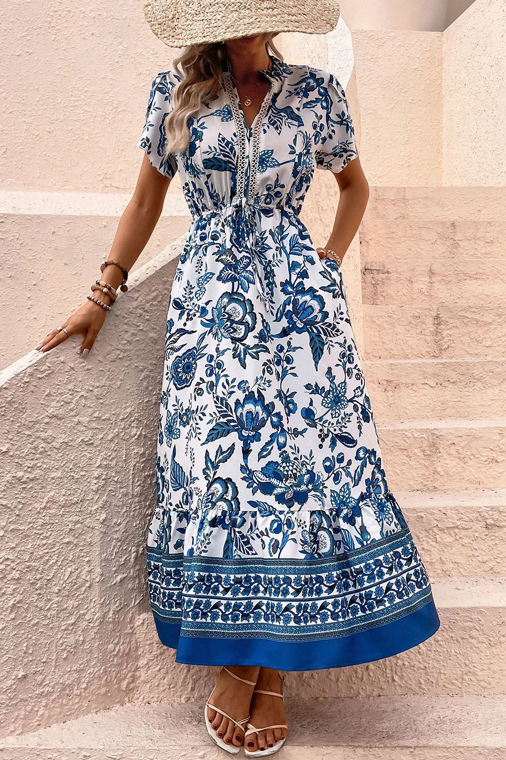 White and Blue Floral A Line Summer Dress with Short Sleeves sold by Zapaka product image thumbnail 4
