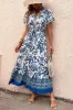 White and Blue Floral A Line Summer Dress with Short Sleeves sold by Zapaka